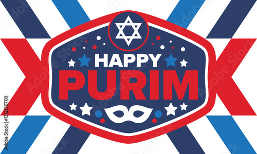 Purim. Happy Purim. Traditional Jewish religious holiday. Star of David, Carnival mask. Israel history. Сelebrated by a masquerade and festival. Poster art. Vector illustration