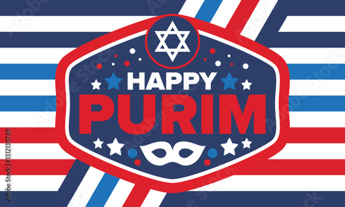 Purim. Happy Purim. Traditional Jewish religious holiday. Star of David, Carnival mask. Israel history. Сelebrated by a masquerade and festival. Poster art. Vector illustration