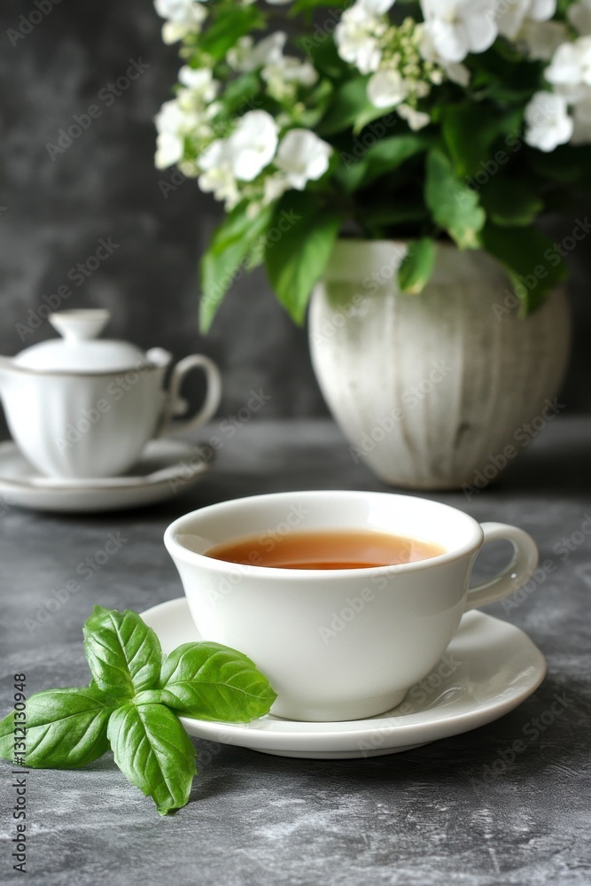 A cup of tea with fresh basil leaves sits on a saucer next to a sugar bowl and a vase of white flowers on a textured gray surface. Soft, natural light illuminates the scene. A cup of tea with fresh basil leaves sits on a saucer next to a sugar bowl and a vase of white flowers on a textured gray surface. Soft, natural light illuminates the scene.