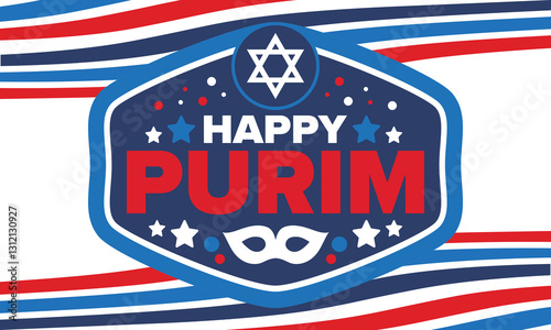 Purim. Happy Purim. Traditional Jewish religious holiday. Star of David, Carnival mask. Israel history. Сelebrated by a masquerade and festival. Poster art. Vector illustration