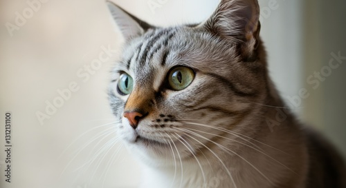 Close-up of a gray tabby cat with striking green eyes looking sideways