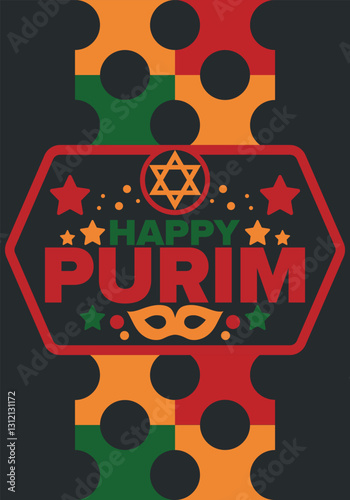 Purim. Happy Purim. Traditional Jewish religious holiday. Star of David, Carnival mask. Israel history. Сelebrated by a masquerade and festival. Poster art. Vector illustration
