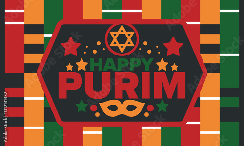 Purim. Happy Purim. Traditional Jewish religious holiday. Star of David, Carnival mask. Israel history. Сelebrated by a masquerade and festival. Poster art. Vector illustration