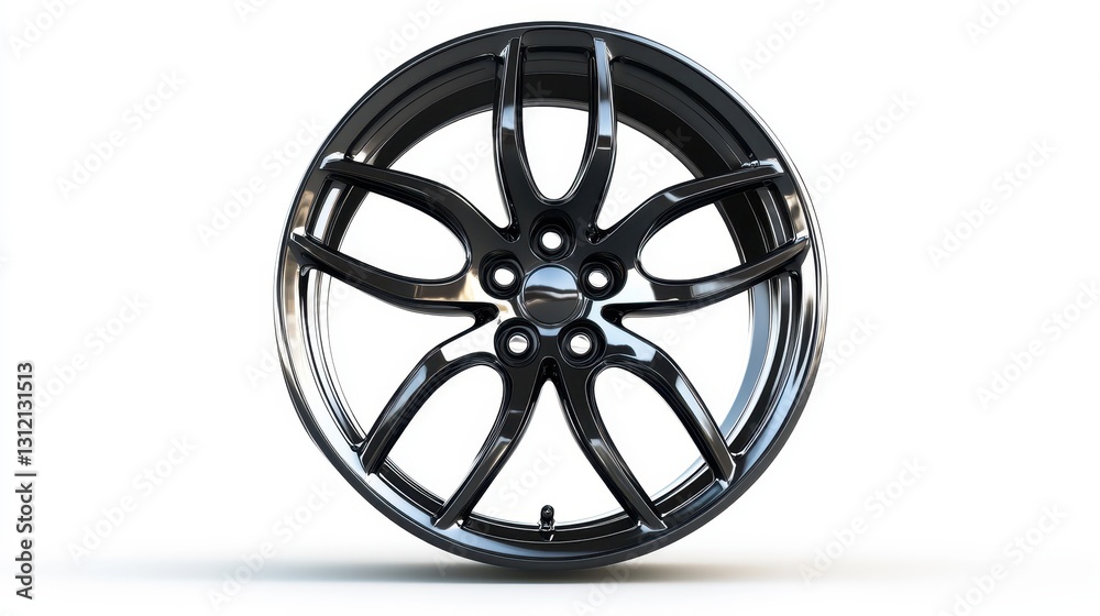 Obraz premium A shiny black car wheel, isolated on a white background, highlighting its sleek and polished surface.