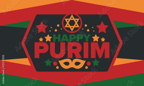 Purim. Happy Purim. Traditional Jewish religious holiday. Star of David, Carnival mask. Israel history. Сelebrated by a masquerade and festival. Poster art. Vector illustration