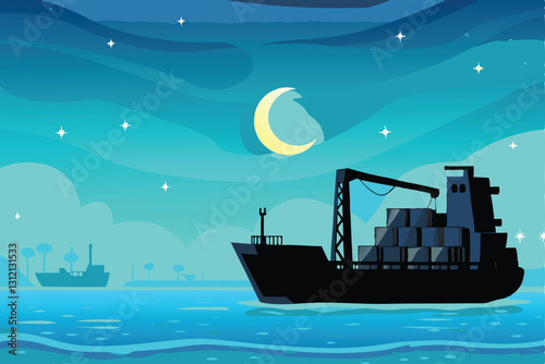 A nighttime clandestine cargo ship operation; containers being unloaded onto smaller vessels under cover of darkness; illicit goods being smuggled.