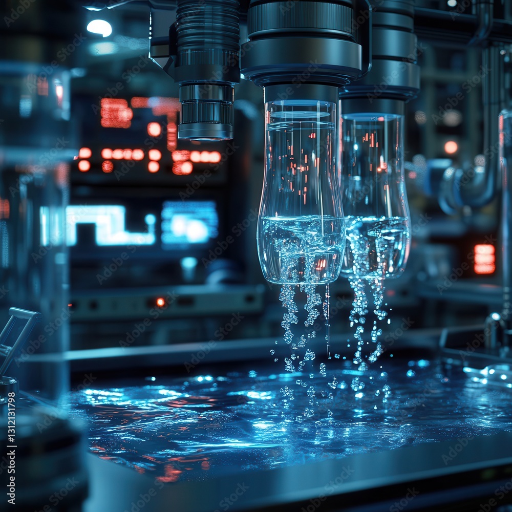 Water droplets cascade in a high-tech laboratory environment illuminated by vibrant blue light during a late-night experiment. Generative AI Water droplets cascade in a high-tech laboratory environment illuminated by vibrant blue light during a late-night experiment. Generative AI