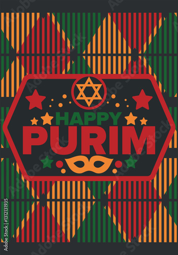 Purim. Happy Purim. Traditional Jewish religious holiday. Star of David, Carnival mask. Israel history. Сelebrated by a masquerade and festival. Poster art. Vector illustration