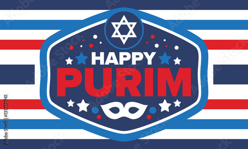 Purim. Happy Purim. Traditional Jewish religious holiday. Star of David, Carnival mask. Israel history. Сelebrated by a masquerade and festival. Poster art. Vector illustration