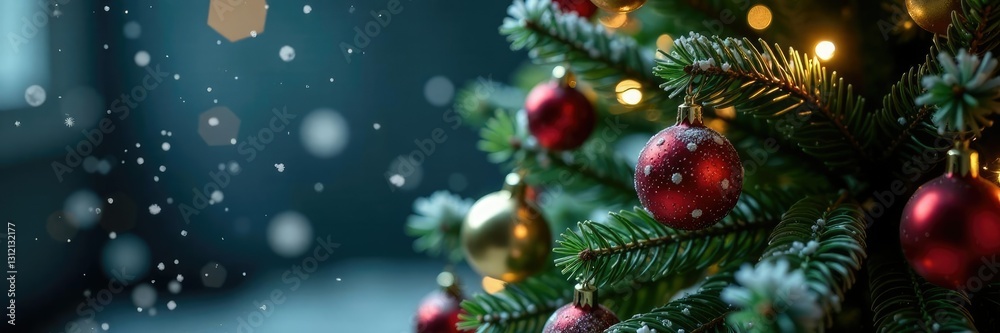 Fototapeta premium Snowflakes gently falling on a decorated Christmas tree, tree, decorations, christmas tree