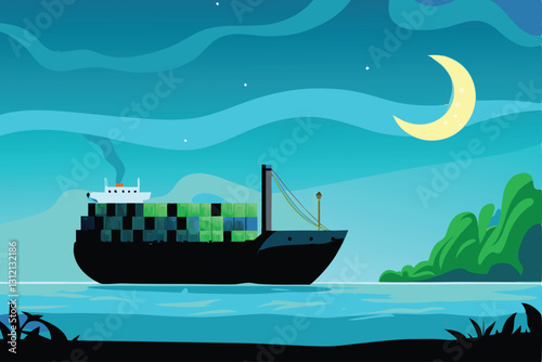 A nighttime depiction of a cargo ship unloading illicit goods under cover of darkness; shadowy figures, crates, and a sense of urgency convey a clandestine smuggling operation.