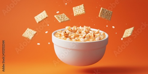 Floating bowl of clam chowder with crackers on a bold tangerine background photo