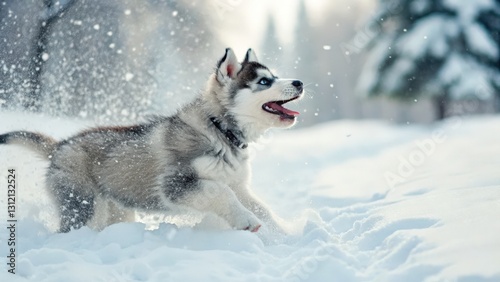 a playful husky puppy runs and joyfully explores a snowy winter wonderland