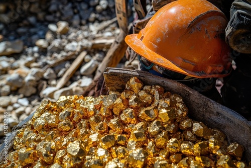Golden Ore Nuggets in Mining Operation with Safety Helmet on the Ground, Capturing the Richness and Danger of Gold Mining Activities in Natural Environment