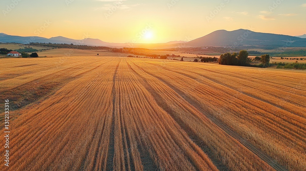 Fototapeta premium Golden Wheat Fields Under a Vibrant Sunset with Rolling Hills in the Background, Showcasing Nature's Beauty and Agricultural Abundance in Rural Landscape