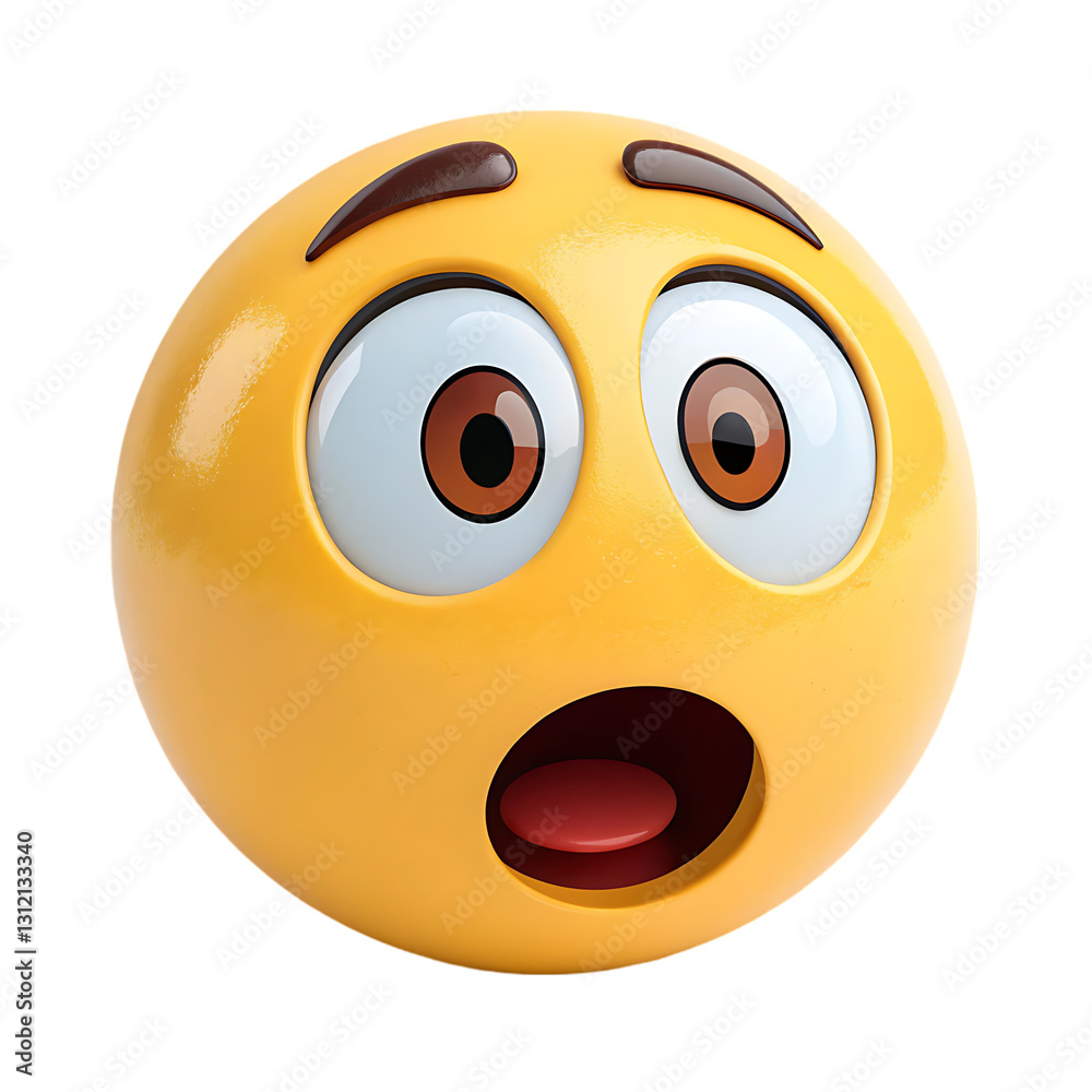 Fototapeta premium A big yellow color mind blowing emoji illustration on white background. big eyes and open mouth yellow emoji illustration on white. High quality emoji.