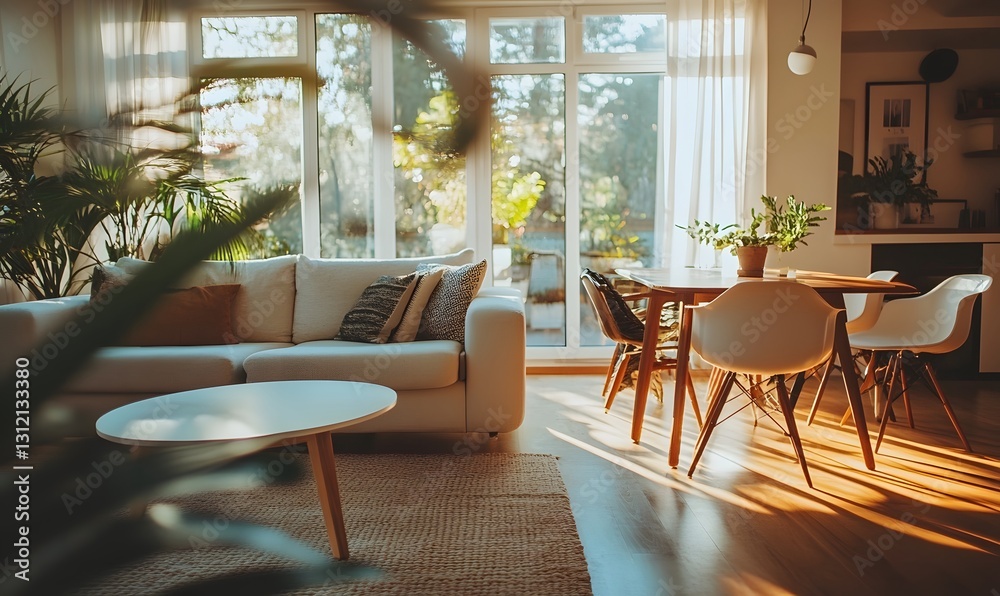 Fototapeta premium Sunlit modern interior living space with sofa and dining area capturing warm light
