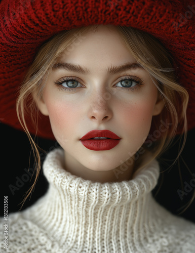 High-Resolution Portrait of a Beautiful Girl in a Red Hat and White Sweater Against a Dark Background – Studio Photography with Soft Lighting and Stunning Detail