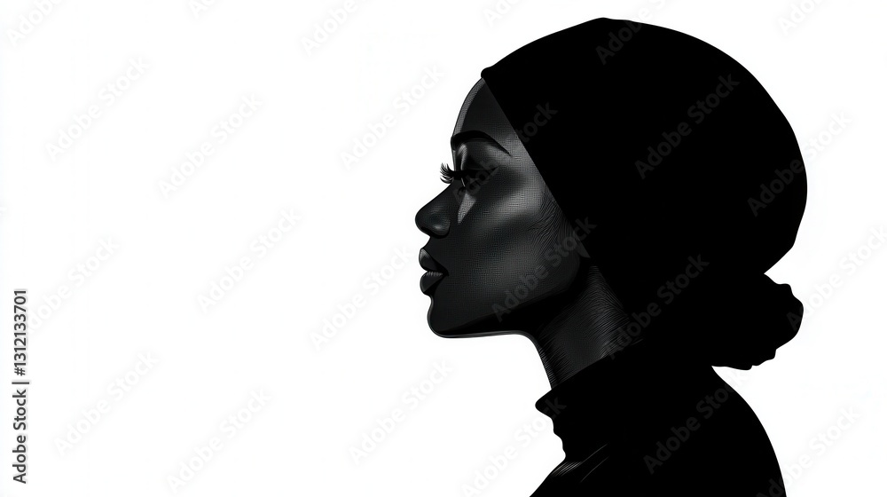 A side view black line art silhouette of a Muslim woman, capturing her profile with elegant simplicity, set against a white background. A side view black line art silhouette of a Muslim woman, capturing her profile with elegant simplicity, set against a white background.