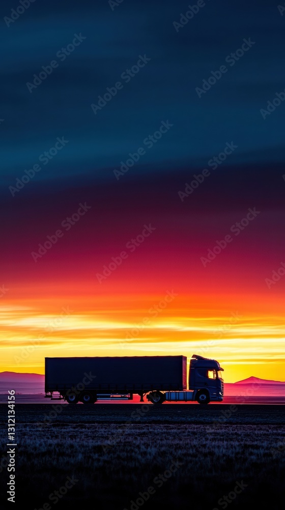 Fototapeta premium Truck Silhouette Against Vibrant Sunset Sky in Remote Landscape