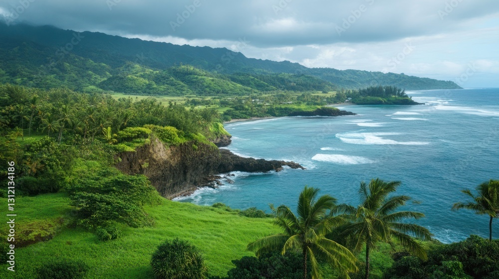 Tropical Coastline, Lush Green Hills, Cloudy Sky Tropical Coastline, Lush Green Hills, Cloudy Sky