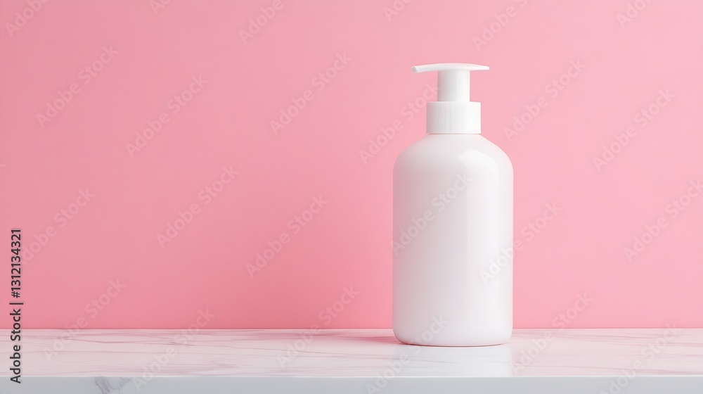 Elegant White Pump Bottle Against a Soft Pink Background Elegant White Pump Bottle Against a Soft Pink Background