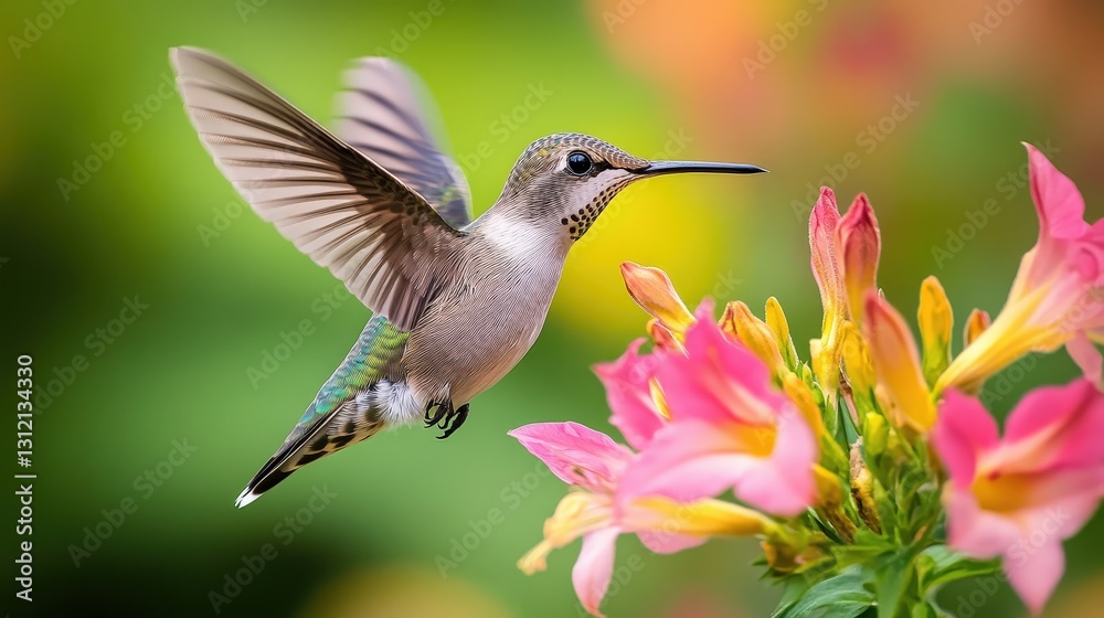 A vibrant hummingbird soars gracefully, wings outstretched, mid-flight. Its tiny, agile form tilts elegantly as it glides rightward, capturing a fleeting moment of beauty in motion A vibrant hummingbird soars gracefully, wings outstretched, mid-flight. Its tiny, agile form tilts elegantly as it glides rightward, capturing a fleeting moment of beauty in motion