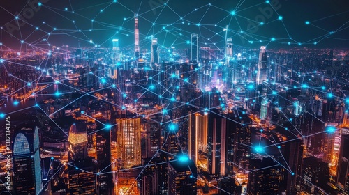 High-Angle View of a Futuristic Cityscape at Night with Abstract Network Connections Representing Technology and Communication in Urban Landscape