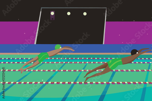 Intense underwater shot of competitive swimmers racing during a swimming competition, showcasing powerful strokes and splashing water.