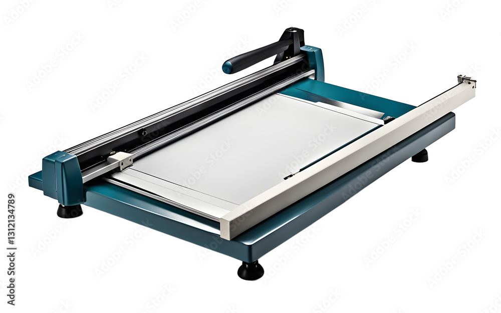 A manual paper cutter with a sharp guillotine blade, isolated on a empty plain background A manual paper cutter with a sharp guillotine blade, isolated on a empty plain background