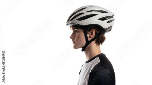 A side view of a man wearing a bicycle helmet, isolated on a white background. photo