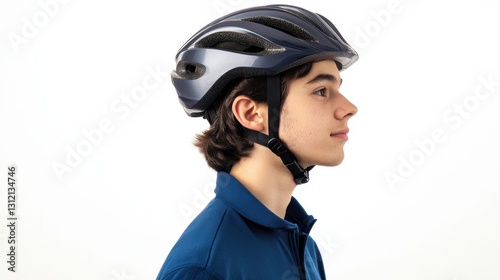 A side view of a man wearing a bicycle helmet, isolated on a white background. photo