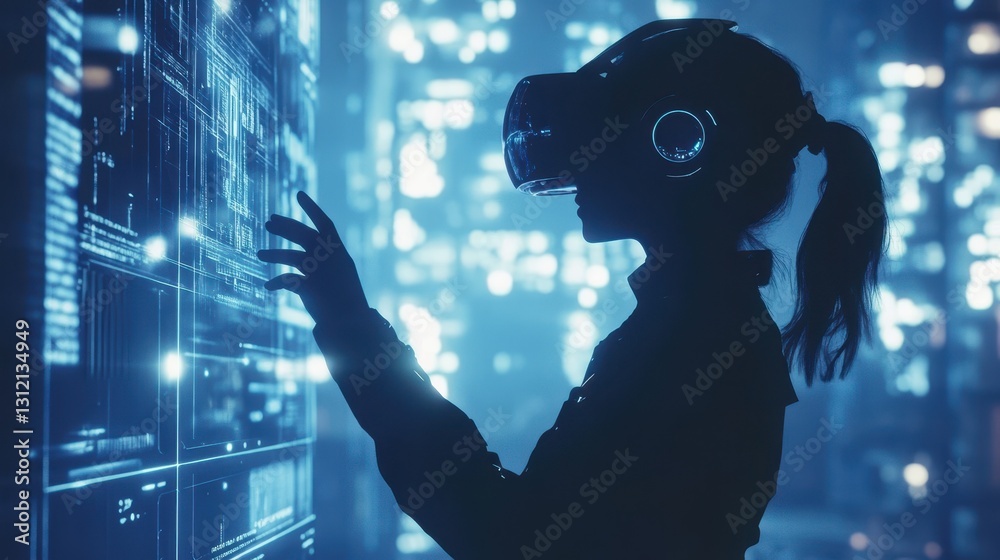 A silhouette of a person immersed in futuristic virtual reality technology, interacting with a holographic interface. A silhouette of a person immersed in futuristic virtual reality technology, interacting with a holographic interface.
