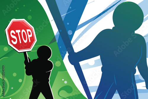 A person firmly gripping a stop sign stand, possibly during a protest or demonstration.  The image should depict the figure's determined expression.