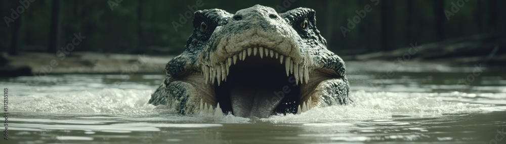 Fototapeta premium Close up of a large reptile's head emerging from murky water, its mouth open wide, showing sharp teeth. The background is a dark, blurred forest.