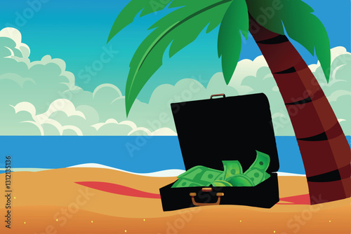A weathered suitcase overflowing with bundled stacks of cash, symbolizing a complex tax evasion scheme.  Illustrate the illicit nature of hidden wealth.