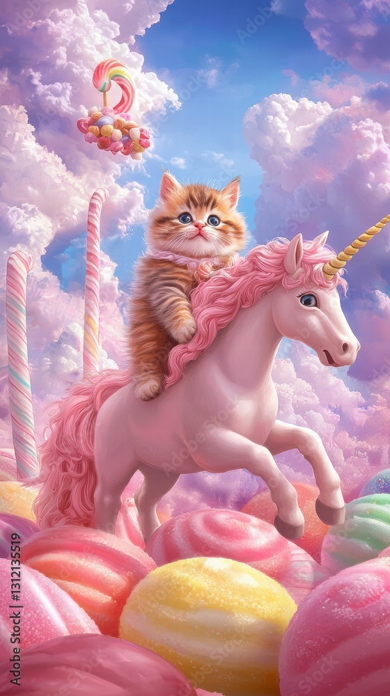 Fototapeta premium Magical Cat on Unicorn in Colorful Candy Wonderland Scene