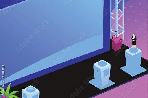 A sleek, modern tech demo booth showcasing innovative software; large interactive screen displays cutting-edge technology.