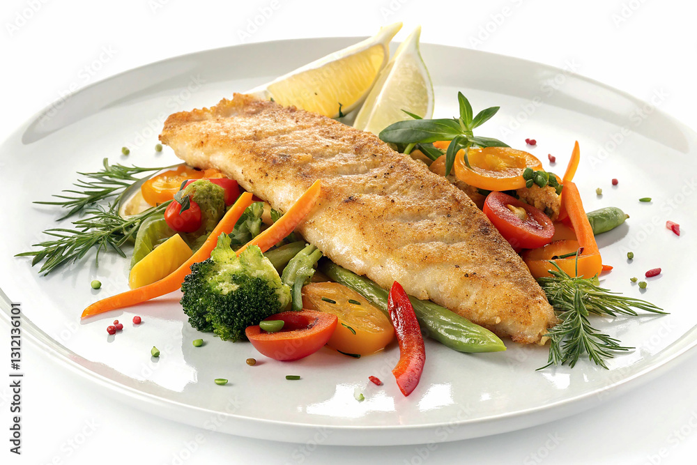 Deliciously Crispy Pan-Seared Fish with Vibrant Vegetable Medley Deliciously Crispy Pan-Seared Fish with Vibrant Vegetable Medley
