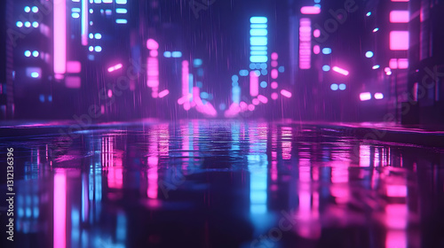 Cyberpunk Cityscape at Night  Pink and Blue Neon Lights Reflecting on Wet Street