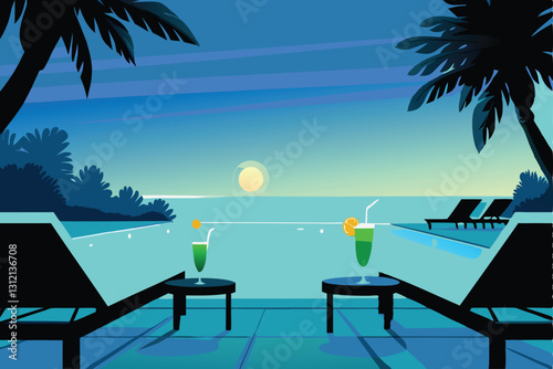 Sun-drenched poolside scene at a luxurious tropical resort; vibrant turquoise water, lush greenery, comfortable loungers.
