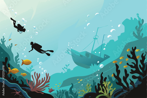 Vibrant underwater scene showcasing divers exploring a coral reef during a holiday dive, teeming with colorful fish and marine life.