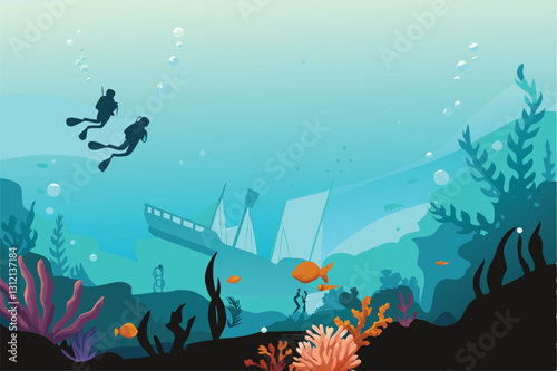 Vibrant coral reef teeming with life, scuba divers exploring a breathtaking underwater holiday scene.  Sunbeams penetrate the turquoise water.