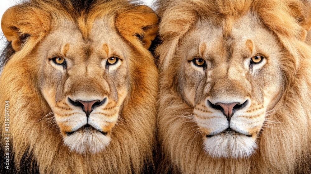 Fototapeta premium Close up of two majestic male lions, their golden manes prominent against a white background. Intense gaze and detailed fur texture.