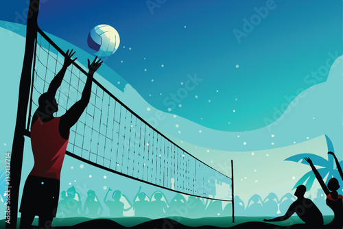 Powerful volleyball spike; athlete leaps, arm extended, forcefully hitting the ball downwards.  Dynamic action shot.