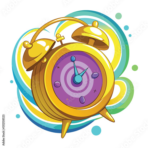 Retro mustard-yellow alarm clock, stylized as a time machine, with dials and glowing tubes, showcasing whimsical time travel concept.