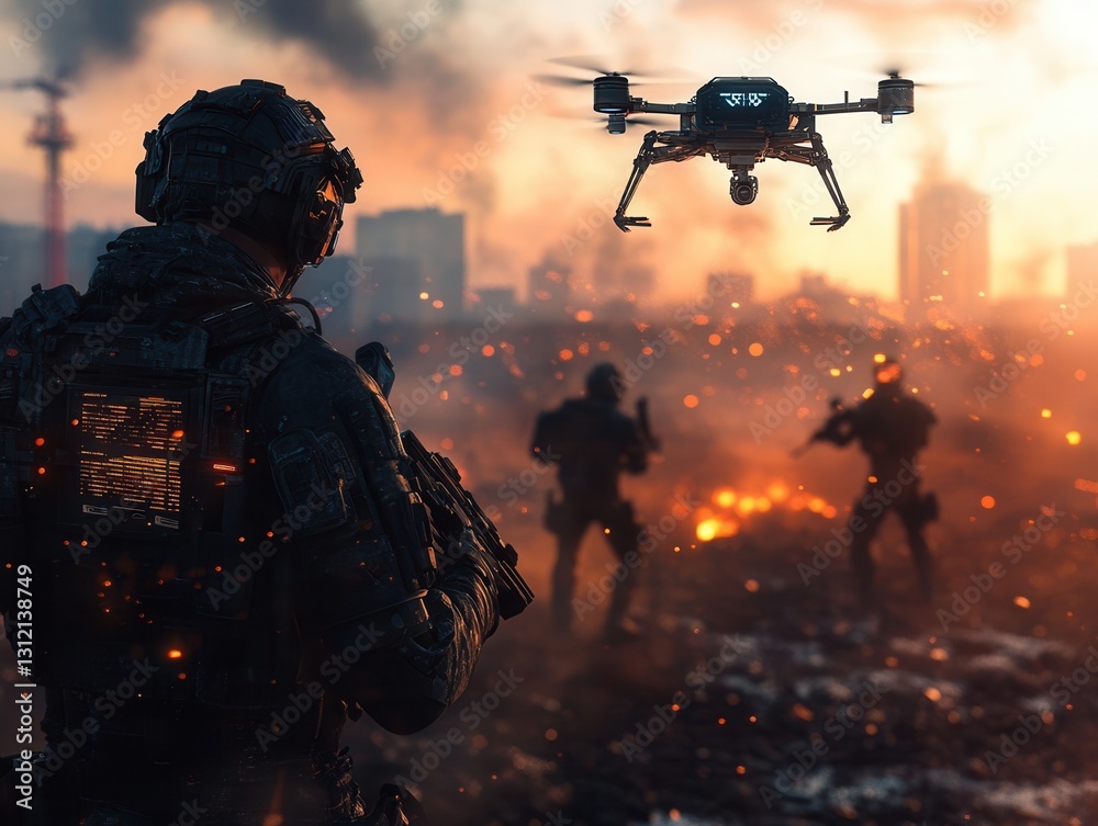 Futuristic soldiers engage in battle as drones hover above a war-torn city during the twilight hours of conflict. Generative AI Futuristic soldiers engage in battle as drones hover above a war-torn city during the twilight hours of conflict. Generative AI