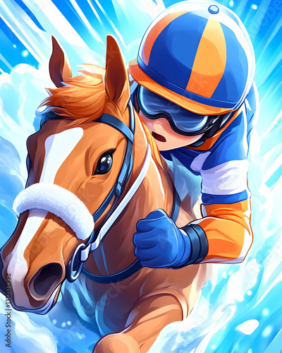 Cartoon horse race a jockey in action, bright colors, motion blur background