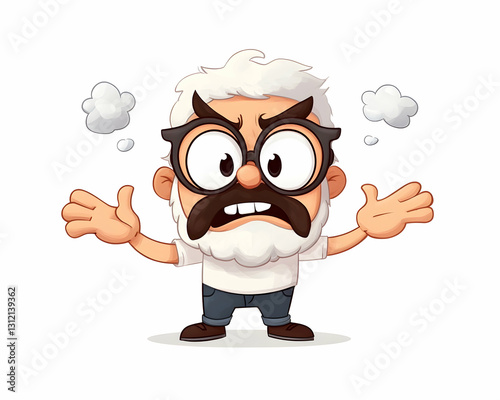 Cartoon man with steam coming out of ears, hands raised, looking angry on a white background