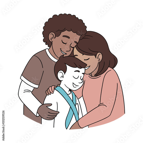 Father and mother caressing their autistic child vector art illustration
